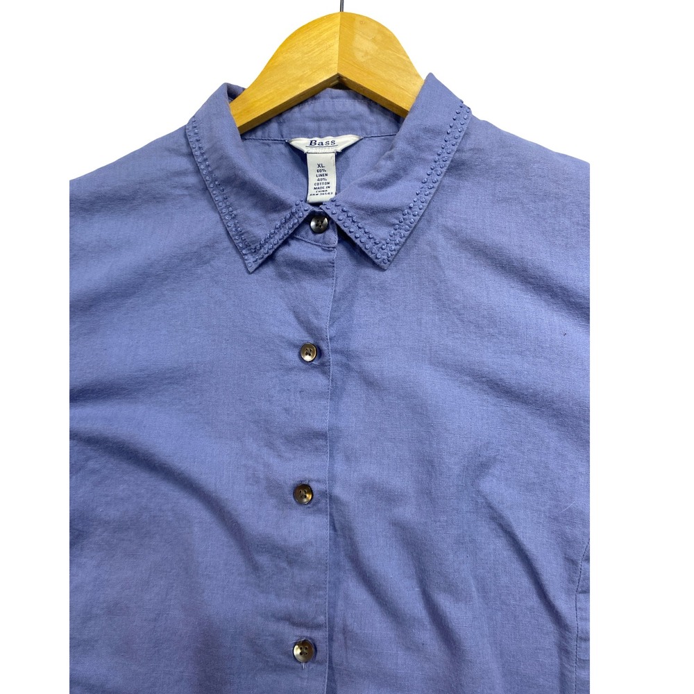 Bass Womens XL Blue Linen Cotton 3/4 Sleeve Button Down Shirt Embroidered Collar - Picture 7 of 10